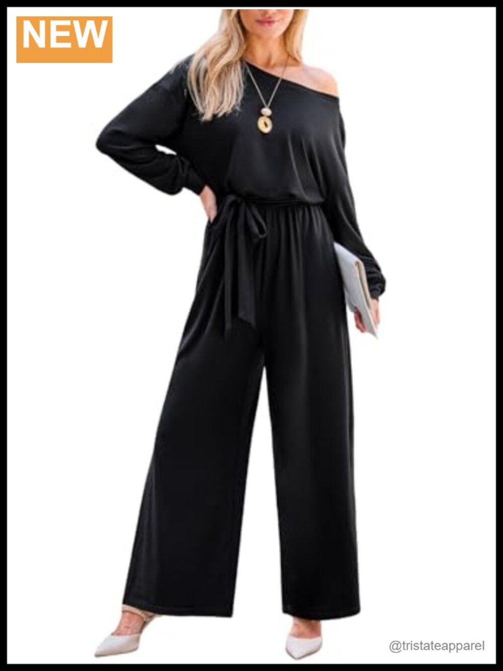 CUPSHE Women's Long Sleeve Off Shoulder Belted Wide Leg Jumpsuit with Pockets